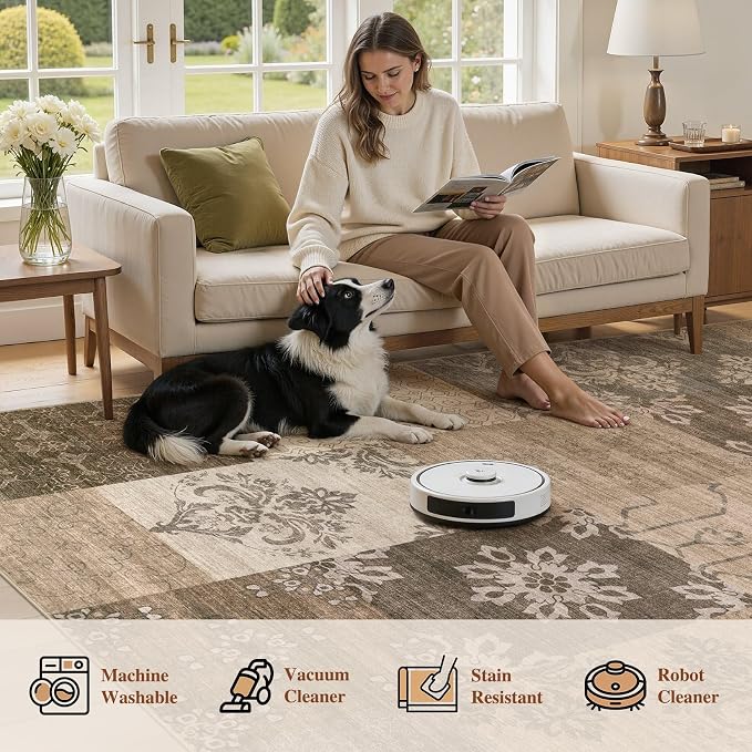 UERMEI 5x7 Area Rug for Living Room, Washable Brown Modern Geometric Patchwork - Image 6