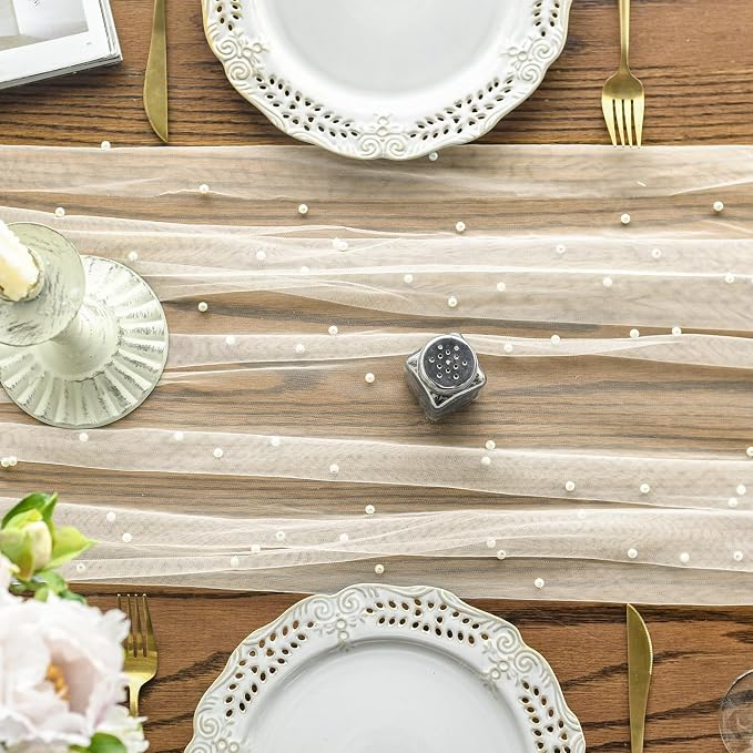 Artoid Mode 3PCS Pearl Beige Gauze Table Runner 120 Inch 10FT, Seasonal Sheer - Image 2
