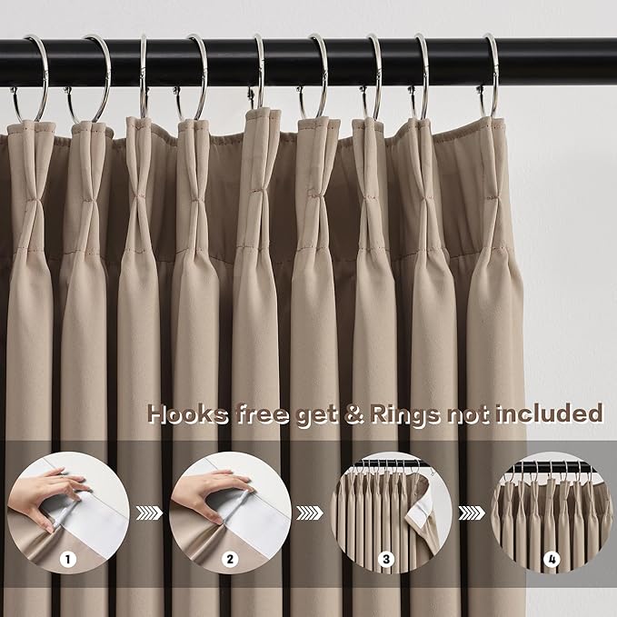 KEQIAOSUOCAI Pleated Blackout Curtain Drapes for Window 63" L - Triple Weave Energy Saving Solid Pinch Pleat Hook Thermal Room Divider Blackout Panels for Patio (72" Wide per Panel, 2 Panels, Khaki)