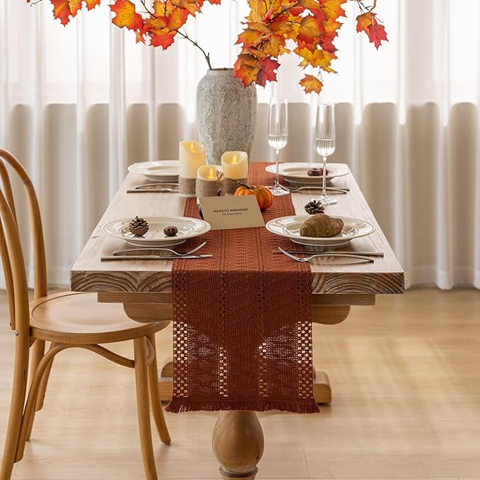 Fall Thanksgiving Boho Macrame Table Runner 12x72 Inch | Woven Burlap Rustic - Image 2