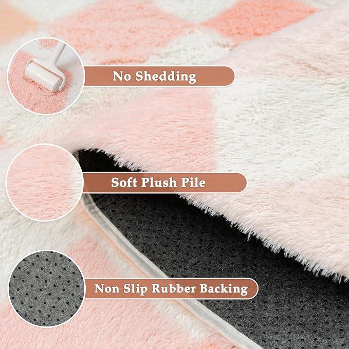 PureCozy Checkered Rug 8x10 Fluffy Shag Living Room Pink Area Rug Modern - Image 6