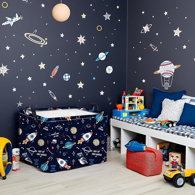 HIYAGON Rectangular Space Basket for Boys Baby Storage Basket Storage Bin Organizer Box Room Decor(Rocket Planet)
