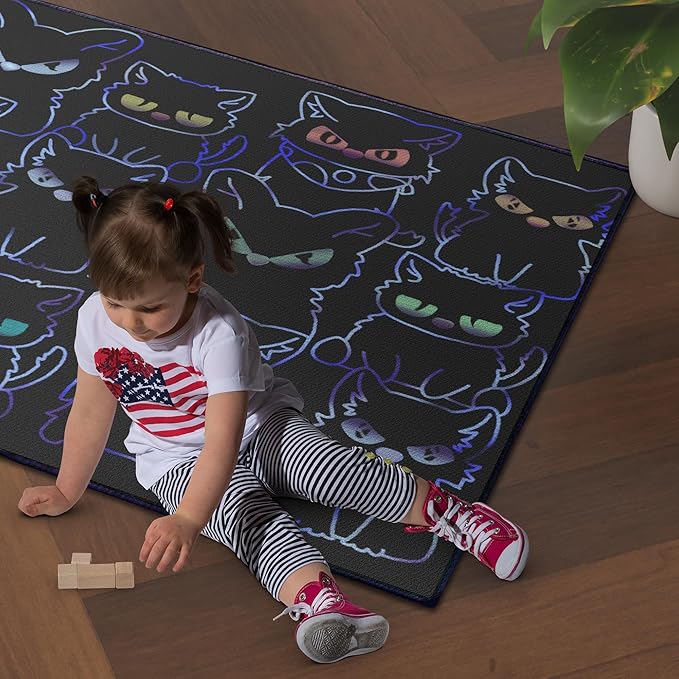 Black Play Cat Rug for Playroom for Boys Girls 2x3 Funny Cute Cat Cartoon Decor for Bedroom Living Room Non-Slip Comfy Floor Casual Mat Carpet Washable