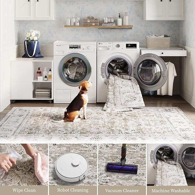 jinchan Hallway Runner Rug 3x10 Machine Washable Runner Rug Taupe Vintage Floral Design Non-Slip Low Pile Ultra-Thin for Kitchen Laundry Room Bedroom Farmhouse (3‘x10',Taupe)