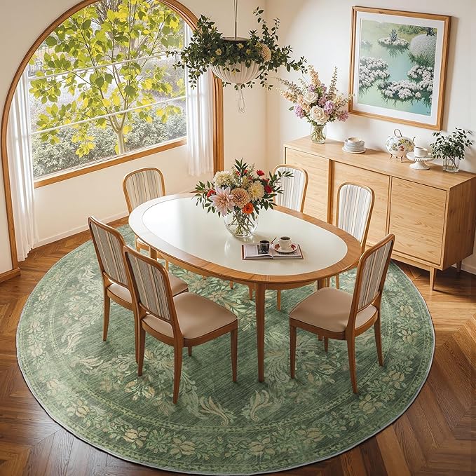 jinchan Round Rug 7ft Area Rugs,Vintage Floral Distressed Design Machine Washable Soft Non-Slip Low-Pile Ultra-Thin Circle Rug for Living Room Dining Room Bedroom Home Office (7' Round,Dark Green)