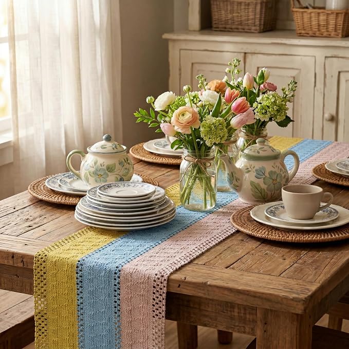 Artoid Mode Yellow Blue Pink Farmhouse Rustic Table Runner 12x108 Inch | - Image 4