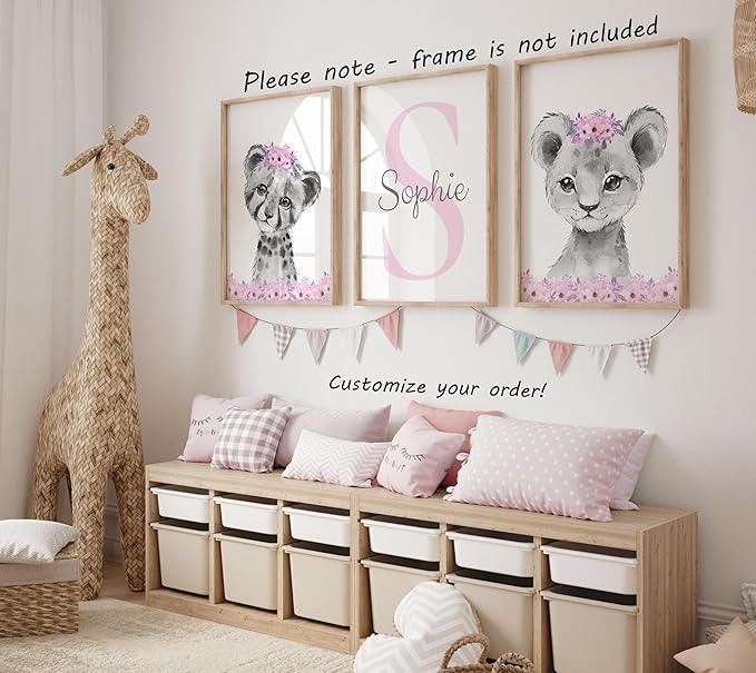 Safari Animals Girls Nursery Bedroom Unframed Set of 3 Poster Prints, Personalized Name Pink or Purple Flowers Wall Art Decor New Baby Gift Present, Elephant Giraffe Panda Zebra Lion (9x12)