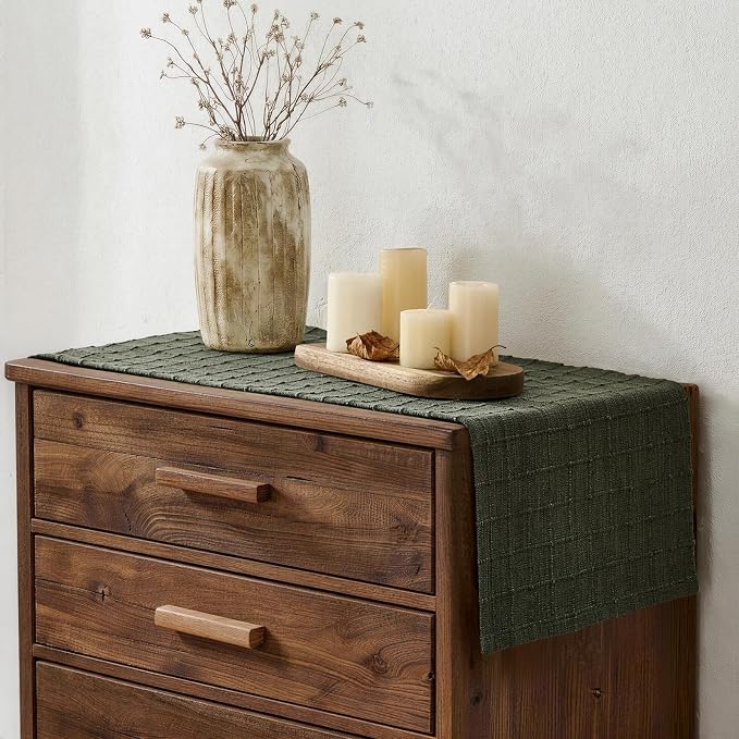 Artisanal Grid Linen Table Runner, 13x48 Inches Army Green | Heavy Textured - Image 3