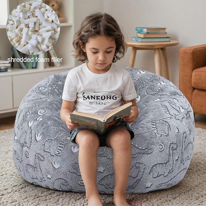 Kids Bean Bag Chair Turn into Beanbag Bed, Dinosaur Toddler Bean Chair for Girl Boy Sleeping, Lazy Children Bean Bags with Filler, Convertible Child Floor Mattress, Grey Dino