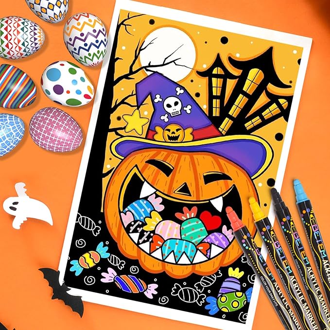 Betem 48 Colors Dual Tip Acrylic Paint Pens Markers, Premium Acrylic Paint Pens for Halloween Decorations, Wood, Canvas, Stone, Rock Painting, Glass, Ceramic Surfaces, Pumpkin Painting Kit DIY Crafts