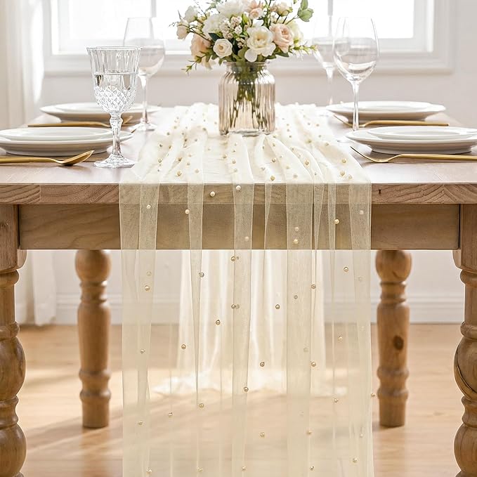 Artoid Mode Pearl Champine Gauze Table Runner 120 Inch 10FT, Seasonal Sheer - Image 2