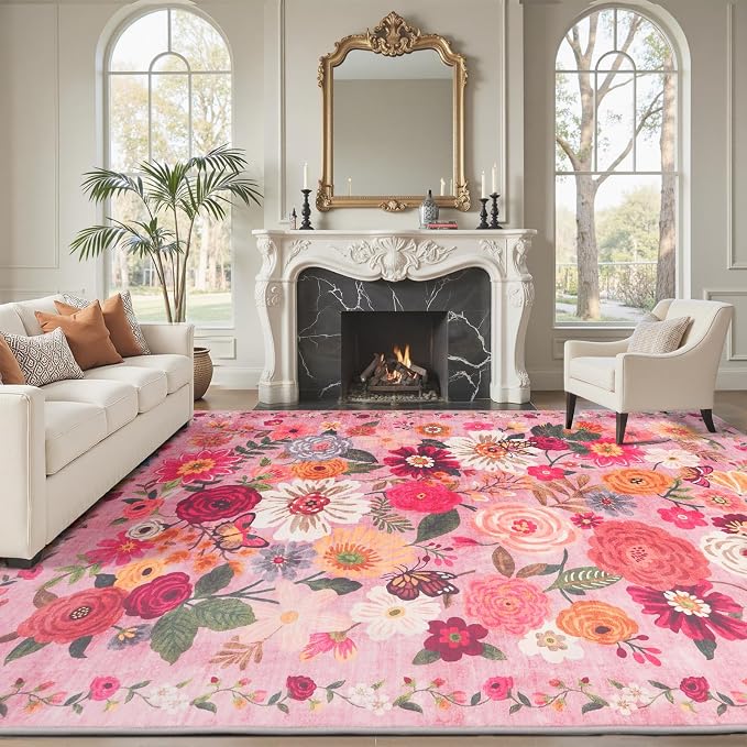 Floral Washable 6x9 Area Rug Pink, Soft Bedroom Rug - Image 7