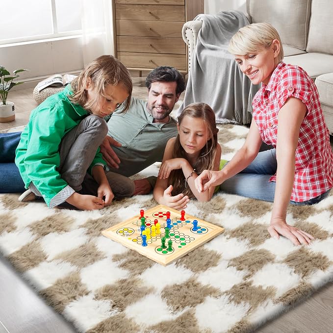 4x6 Checkered Area Rugs for Bedroom, Fluffy Beige and White Checkered Rug Fuzzy - Image 2
