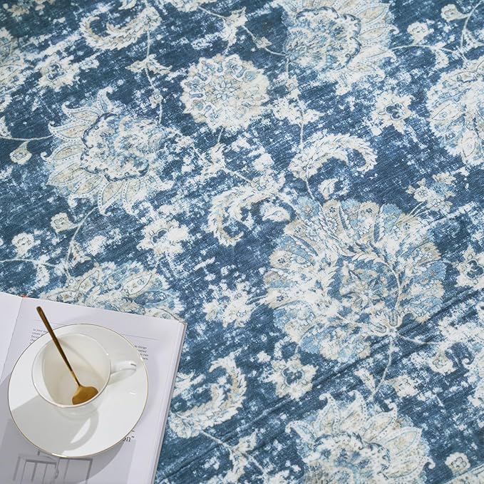 jinchan Round Rug 8ft Area Rug - Dark Blue Vintage Floor Mat Kitchen Indoor Ultra-Thin Soft Floral Print - Washable Circle 8' Retro Accent for Farmhouse Non Slip Dining Room Living Room Bedroom Office