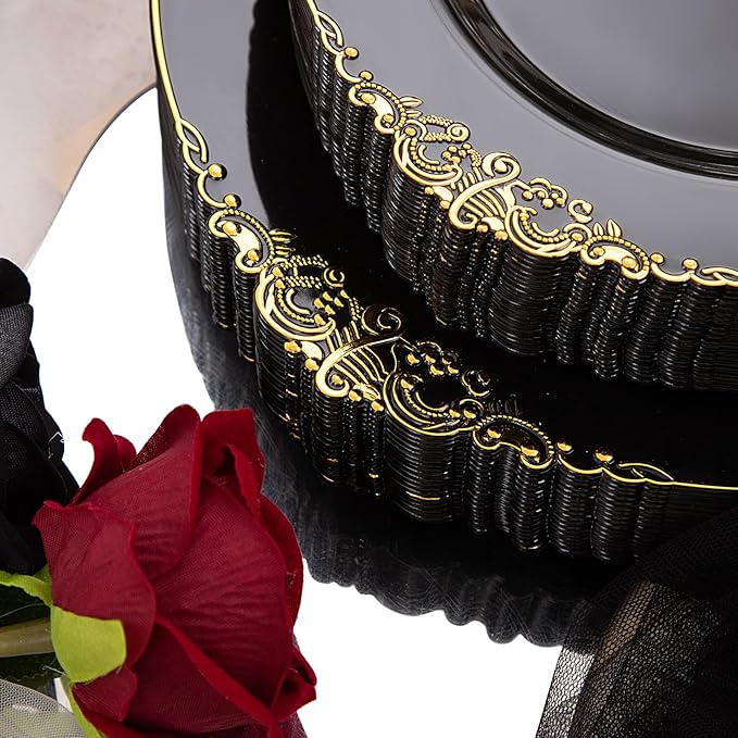 175 Pcs Black Gold Plates for Graduation | Black Party Plates Set for 25 Guests - Image 4