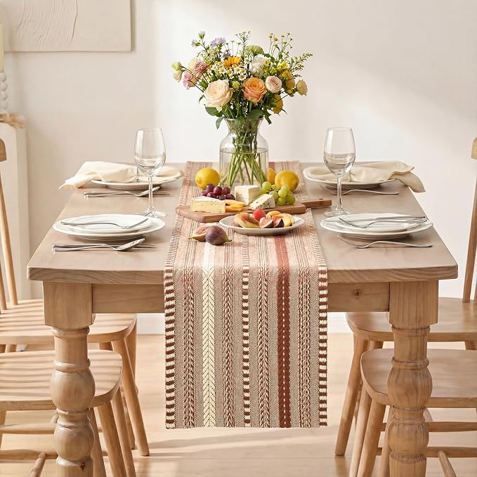 Artoid Mode Caramel Farmhouse Stripe Braided Table Runner 12x120 Inch | Holiday - Image 2