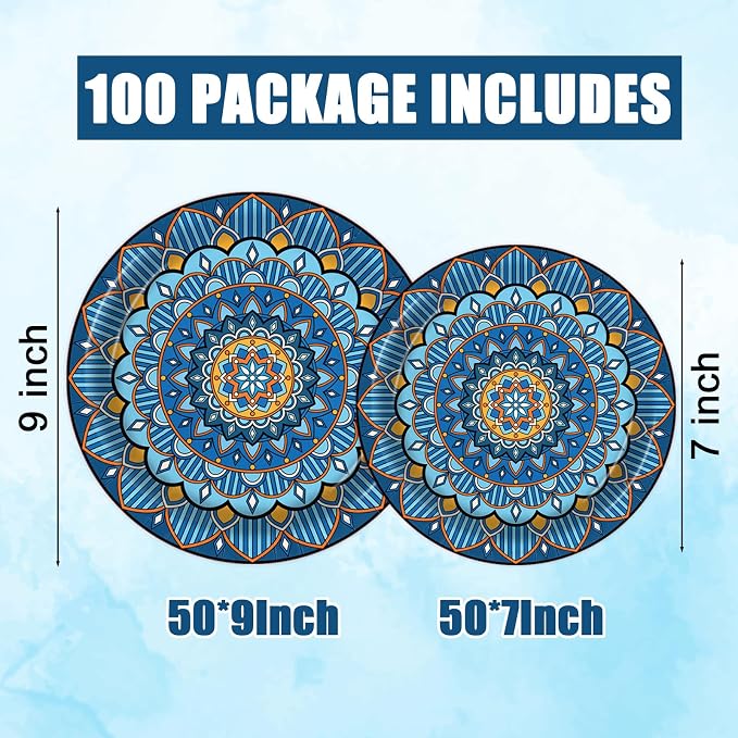 100PCS Boho Paper Plates 7Inch & 9Inch, Vintage Bohemian Disposable Dinnerware - Image 3