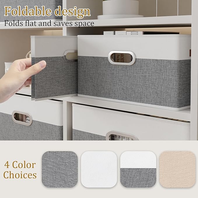 Yawinhe Fabric Storage Baskets, Foldable Closet Organizer for Shelves, Large Boxes with 3 Handles, Canvas Bins for Clothes, White/Grey, 12.99''Lx9.05''Wx7.87''H, 6-Pack