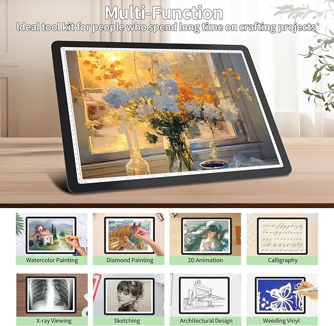 Phylosal Rechargeable A3 Light Pad with Carry Bag, Ultra-Thin Magnetic Tracing Light Box for Drawing, Diamond Art Painting Light Board with Side Button, Super Bright Light Table for Sketching (Black)