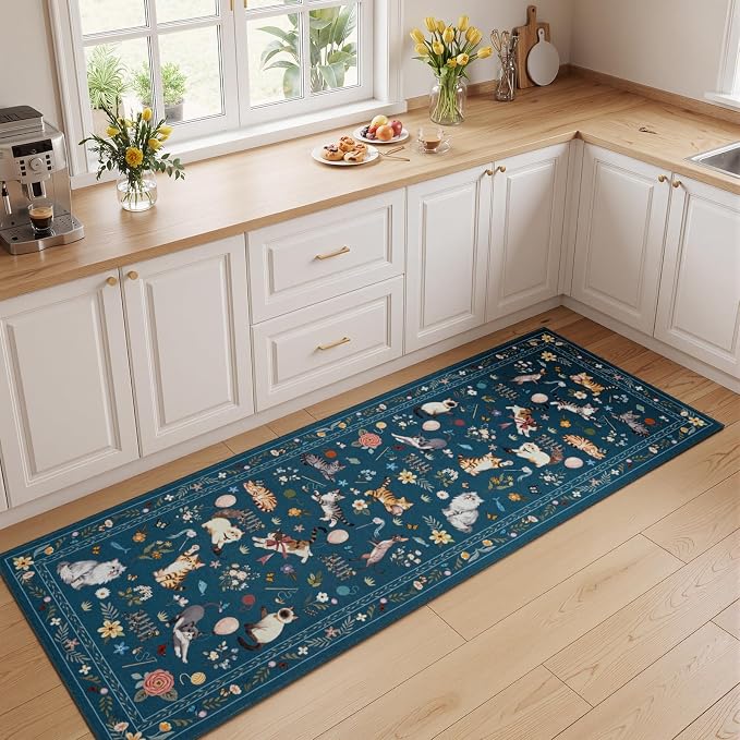 Unirea 2x6 Dark Blue Cat Runner Rug, Washable Non Slip Botanical Rug - Image 6
