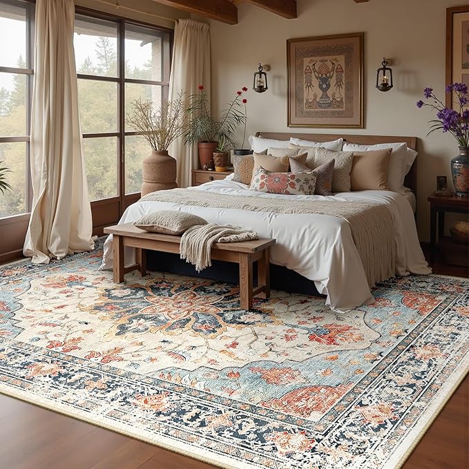RELEANY Area Rugs Large 10'x14' Washable Non-Slip, Floral Vintage Distress - Image 3