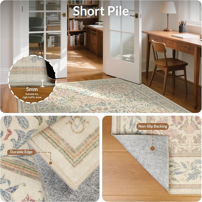 GENIMO 6x9 Washable Area Rug, Non-Slip Vintage Boho Floral Carpet, Soft - Image 6