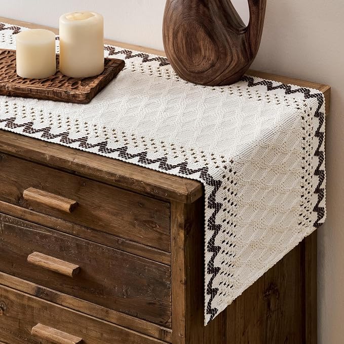Macrame Side Trim Boho Woven Table Runner, Chocolate 12x36 Inch | Crochet by ZEEMARTONLINE
