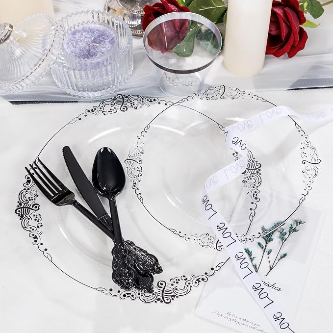350 Pcs Clear Black Plates for Party | Black Party Plates Set for 50 Guests - Image 7