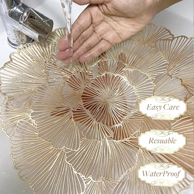 Round Placemats Pressed Vinyl Metallic Flower Place Mats Set of 6 | 15 Inch - Image 4