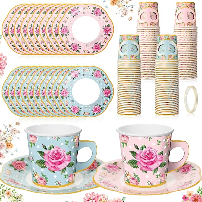 Umigy 60 Sets Floral Tea Party Decorations 6.5 oz Floral Paper Teacups & Saucer by Umigy