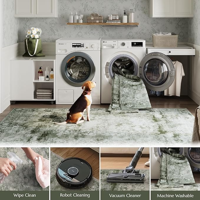 jinchan Washable Area Rug 6x9 for Living Room - Soft Faux Wool Ultra-Thin Stain Resistant Non-Slip Distressed Vintage Floral Rug Large Carpet for Bedroom,Dining Room,Home Office,Nursery(Green, 6'x9')