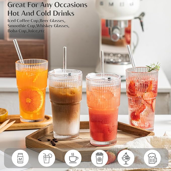 INSETLAN 20 oz Ribbed Glass Tumblers - Image 7
