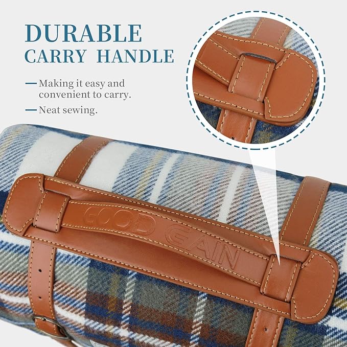 G GOOD GAIN Waterproof Picnic Blankets- Extra Large Outdoor Blanket Foldable, Beach Blanket with PU Handles, Sand-Proof Picnic Mat for Hiking, Camping, Lawn, Park, Grass. Blue Check
