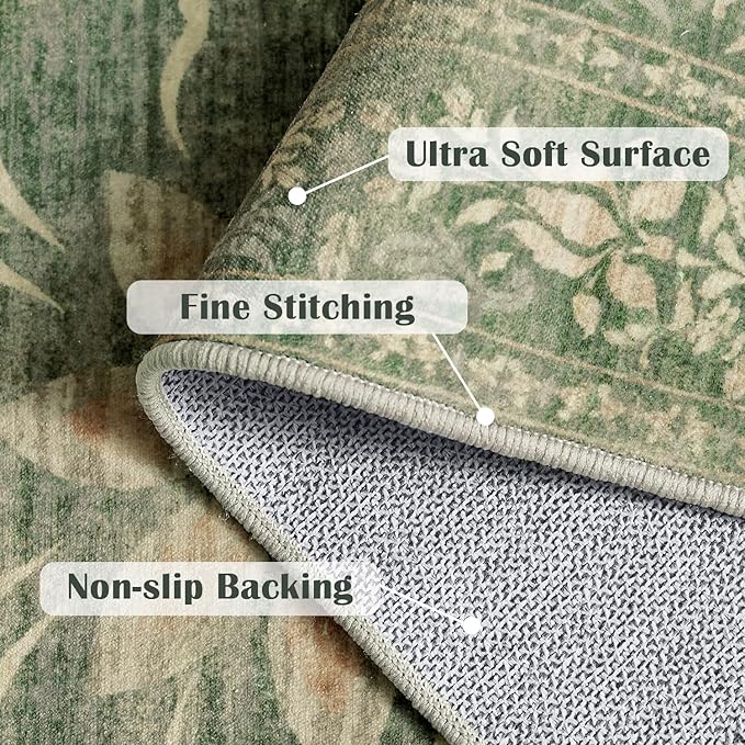 jinchan Vintage Floral Runner Rug 2x6 - Machine Washable Distressed Design Non-Slip Low-Pile Soft Thin Carpet for Hallway Kitchen Farmhouse Bedroom Entryway Laundry Room (2x6ft,Dark Green)