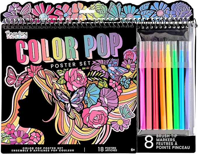 Fashion Angels Color Pop Poster Set, Includes 18 Posters & 8 Brush Tip Markers for Kids, Tweens & Teens, Perfect for Arts & Crafts, Coloring & DIY Room Decor