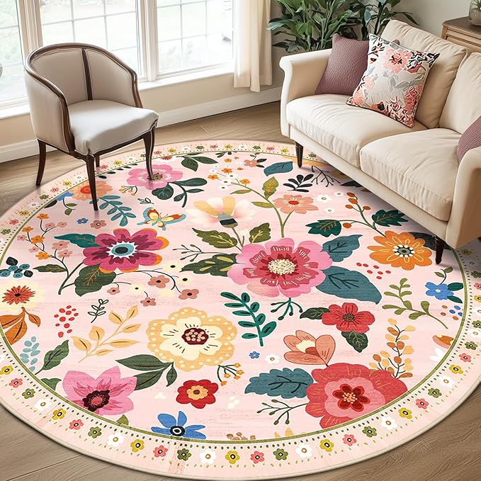 Floral 8ft Area Rug Machine Washable Soft Print Boho Carpet Non Slip Doormat Low Pile Flower Area Rugs for Living Room Bedroom Nursery Kitchen Dining Room Indoor-Pink
