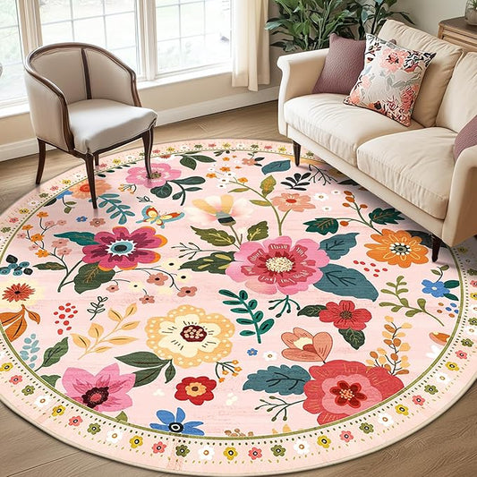 Floral 8ft Area Rug Machine Washable Soft Print Boho Carpet Non Slip Doormat Low Pile Flower Area Rugs for Living Room Bedroom Nursery Kitchen Dining Room Indoor-Pink