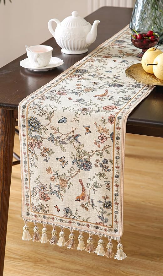 Designer French Linen Table Runner, Floral Bird Pattern, Dining Table, - Image 8