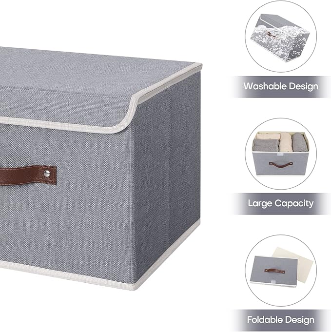 ANMINY Storage Bin with Lid Storage Boxes with PU Leather Handles PP Plastic Board Decorative Foldable Lidded Cotton Linen Fabric Home Cubes Baskets Closet Organizer Container - Gray, Large Size