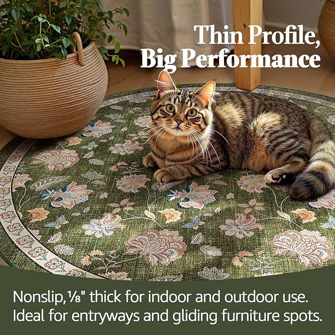 jinchan 8ft Floral Round Rug for Dining Room Washable Living Room Rug Vintage Romance Design Non Slip Indoor Floor Cover Lightweight Low-Profile Throw Carpet for Bedroom Porch Patio, Green