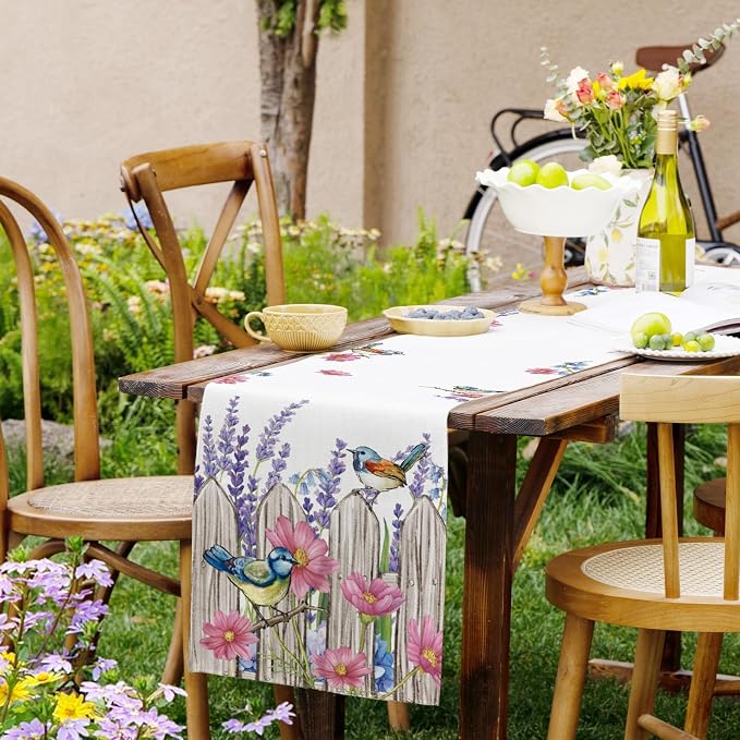 Summer Garden Floral Table Runner Birds Burlap Table Runners, Spring Lavender - Image 9