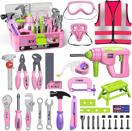 Deejoy Tool Set with Tool Box & Electronic Toy Drill, Pretend Play Kids Construction Kits for Kids Ages 3-5 Years Old, Toddler Tool Set(Pink)