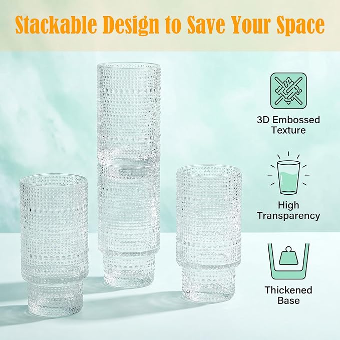 Glass Cups with Lids and Straws 16 oz Drinking Glasses Set of 8 | Ribbed - Image 4