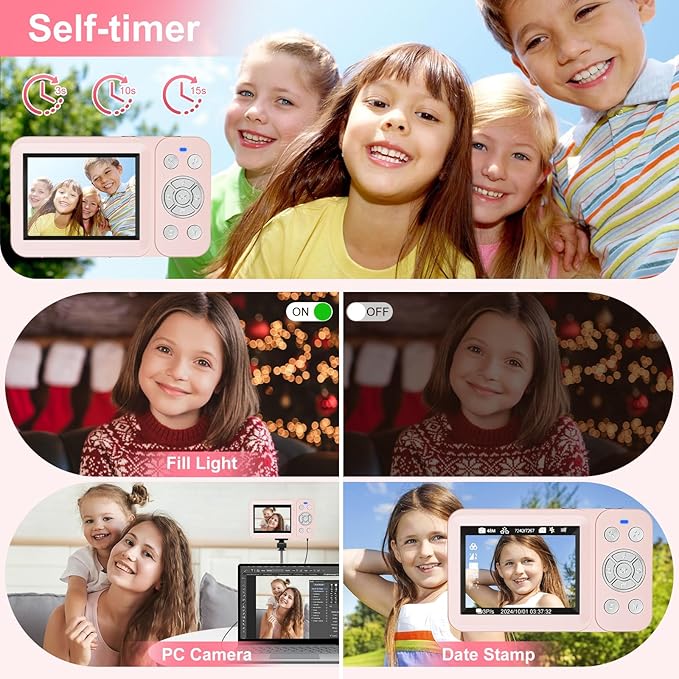 Digital Camera, 4K 64MP, 18X Zoom, Point and Shoot Digital Camera with 64GB TF Card & 2 Batteries, Portable Rechargeable Small Camera for Kids Teens Adult, Pink