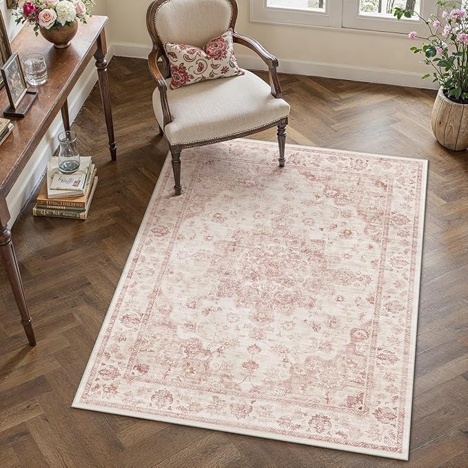3x5 Washable Neutral Area Rug Pink Vintage Entryway Office Carpet Non-Slip Soft - Image 3