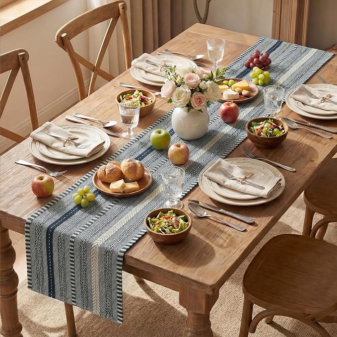 Artoid Mode Dark Blue Farmhouse Stripe Braided Table Runner 12x48 Inch | - Image 5