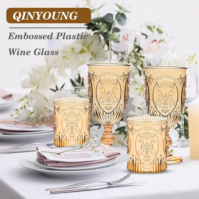 Qinyoung 24 Plastic Vintage Drinking Glasses 8.5oz Stemless Retro Embossed Wine - Image 7