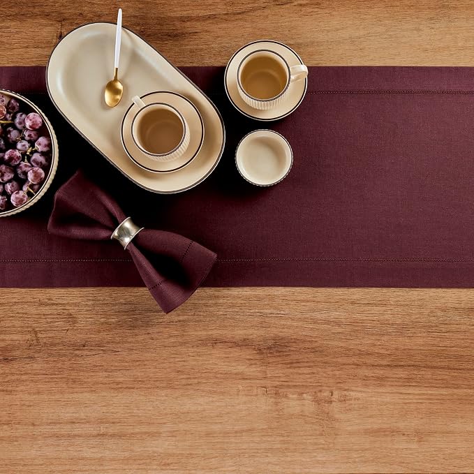 Solino Home 100% Pure Linen Table Runner Burgundy Hemstitch, 14 x 144 in | - Image 3