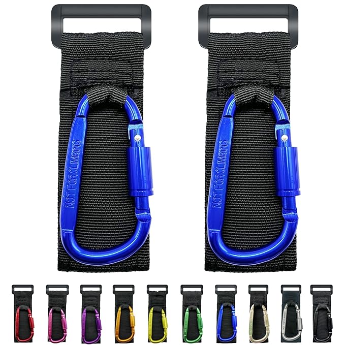 Baby Stroller Hook, Carry 30 lbs per Stroller Carabiner Clip, Adjustable Baby Stroller & Car Seat Hook for Hanging Diaper Bag, Wheelchair,Golf cart, Shopping and Pet Cart(2 Pcs Blue)