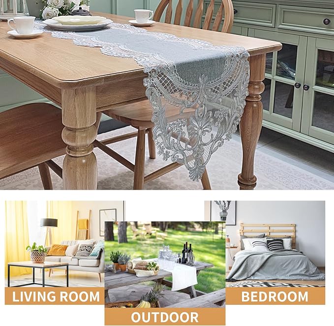 Elegant Vintage Lace Table Runner 60 inches Long Grey Silver - Image 8